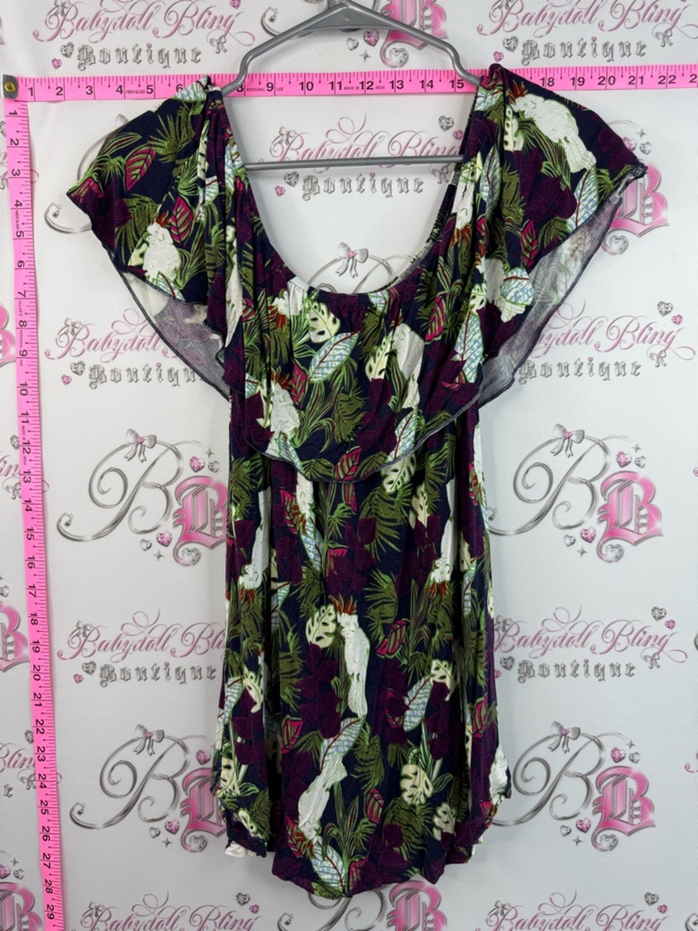 Kismet shirt off shoulder tropical leafs Plum Tropical Leaf Flutter-Sleeve